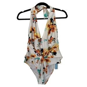 CUP SHE NWT! Women’s Halter One-Piece Swimsuit Tie Waist White Bright Floral‎ L